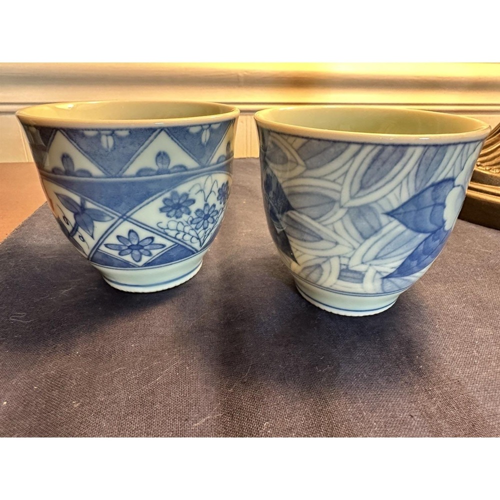 Japanese Blue‎ White Yunomi Tea Cups Pair Arita Style Porcelain Floral